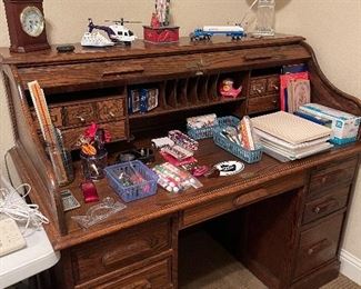 Rolltop Desk, Lamp, Clock, Office supplies