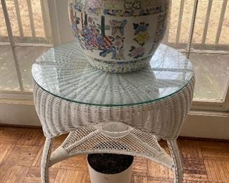 Vintage Wicker Plant Stand , Asian Ceramic Pot