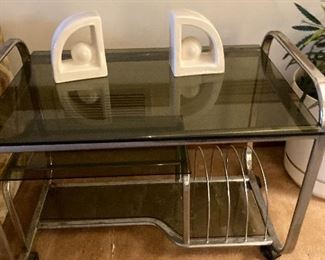 Mid Century Bookends and Mid Century Glass Stereo Console