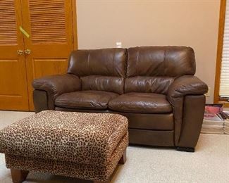 Brown Leather Loveseat with Printed Ottoman
