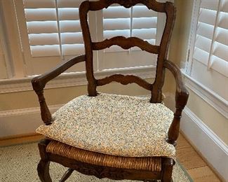 (F2) "French Country" Arm Chairs. Set of 4. Arm width 24". Floor to seat is 17.5". Floor to top is 40.5". Asking $375. (F2) "French Country" Arm Chairs. Set of 4. Arm width 24". Floor to seat is 17.5". Floor to top is 40.5". Chairs include floral cushions and the striped down filled cushions photographed. Asking $375 for all. 