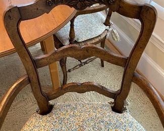 (F2) "French Country" Arm Chairs. Set of 4. Arm width 24". Floor to seat is 17.5". Floor to top is 40.5". Chairs include floral cushions and the striped down filled cushions photographed. Asking $375 for all. 