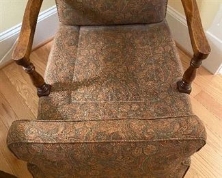 (F8) Arms are 25" wide. Chair is 32" deep. Floor to seat  is 21". Floor to Back is 37". Duck Feather & Duck Down filled Cushion.  Asking $125. 