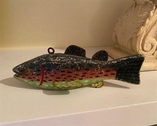 7" long carved fish decoy. Wood & Metal Folk Art. Asking $20. 