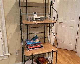 Metal Frame and wooden shelf bakers rack. Measures  25" wide x 72" tall x 16.5" deep.  Asking $75. 