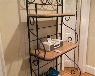 Metal Frame and wooden shelf bakers rack. Measures  25" wide x 72" tall x 16.5" deep.  Asking $75. 
