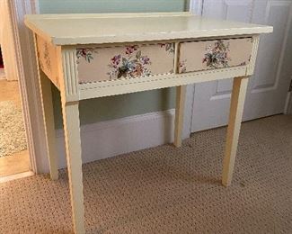 (F19) $60. Vintage 2 drawer desk with shabby chic paint. Measures 32" wide x 20" deep x 29" tall. 