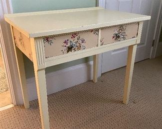 (F19) $60. Vintage 2 drawer desk with shabby chic paint. Measures 32" wide x 20" deep x 29" tall. 