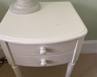 (F22) Asking $65.  Pottery Barn 2 drawer Nightstand 18" wide x 18" deep x 29" tall. Has small pink stain on the top. 