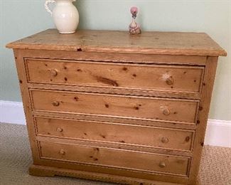 (F23) $175. 4 drawer Pine dresser 42" wide x 20" deep x 34" tall. Top drawer needs some slide adjusting - top has some water marks - overall solid wood piece!