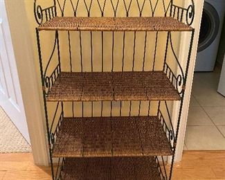 (F26) $60. Measures 23" wide x 12" deep x 43" tall.  4 shelf storage unit with rattan shelves and wire frame. Asking $60. 