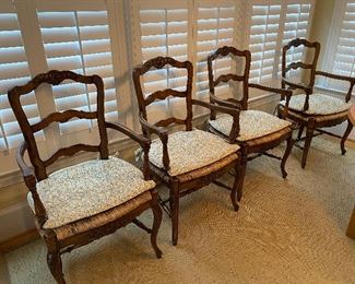 (F2) "French Country" Arm Chairs. Set of 4. Arm width 24". Floor to seat is 17.5". Floor to top is 40.5". Chairs include floral cushions and the striped down filled cushions photographed. Asking $375 for all. 