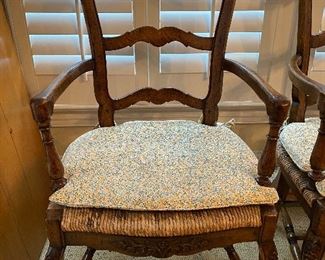 (F2) "French Country" Arm Chairs. Set of 4. Arm width 24". Floor to seat is 17.5". Floor to top is 40.5". Chairs include floral cushions and the striped down filled cushions photographed. Asking $375 for all. 