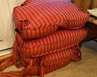 (F2) "French Country" Arm Chairs. Set of 4. Arm width 24". Floor to seat is 17.5". Floor to top is 40.5". Chairs include floral cushions and the striped down filled cushions photographed. Asking $375 for all. 