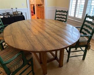 (F15) Antique Drop Leaf Table (similar to a harvest table size) Measures 6' x 5' wide with leaves up and 8 coordinating chairs with cushions. Rush seats are all in excellent condition. Chairs are sturdy but some do need some glue on the arms where it meets the chair back - nothing broken just noted.  Table surface does have some scratches in the finish but overall very good condition for it's age. Hardware has been replaced on the underside of the table at some point.  GORGEOUS set. Asking $1750. 