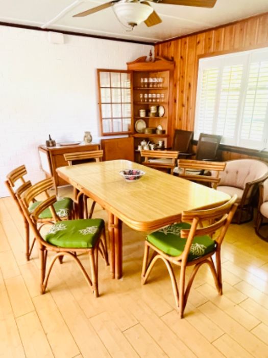GORGEOUS MCM Bamboo Dining Set For Six. This picture features the table with two leaves. Picture to follow shows to table without the leaves.