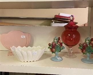 Vintage pottery
Glass pedestal jar
Painted metal door stops