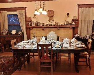 Large Dining Table w/ Ten Dining Chairs; Persian Runner; Persian Rug; Arts & Crafts Oak Dining Chairs