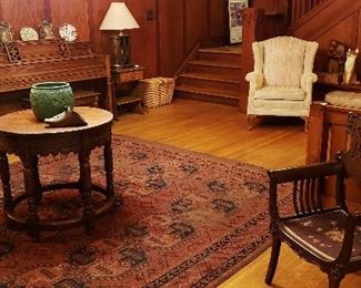 Fabulous Hall Chair w/ Mother-of-Pearl Inlay; Carved Hall Table; Deco Jardinier (offer out); Spinet Piano; Stickley Armchair & Rocker; Antique Persian Rug; 1950's Wingback Armchair w/ Ottoman