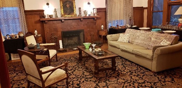 Two Very rare and unusual Carve "Opium Den" Armchair, ca. 1920 or older.  Arts & Crafts Glass-top Coffee Table; Palace-Size American Persian-Style Rug