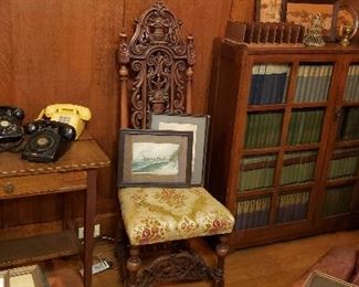 Mission Bookcase (one of two); Pierce Carved Hall Chair; Mission Oak Table.   Both bookcases SOLD