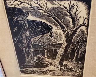 "Stage Driver's Retreat" Orig. Lino Cut by Charles Frederick Surendorf - listed