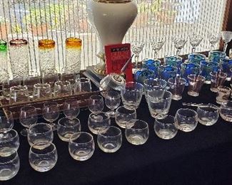 Cool Mid-Century Glassware by George Briard; Tall Mid-Century Hand-Blown Mexican Glasses, etc.  Tray with Glasses SOLD