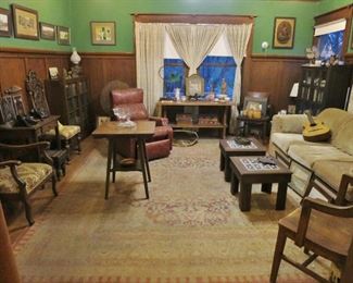Library w/ 2 Arts & Craft Bookcases, Library Table, Console Table, Occasional Table; 2 Oak Desk Chairs; Corduroy Sofa, all on an Antique Persian Rug
