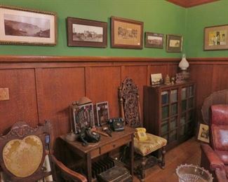 Library w/ 2 Arts & Craft Bookcases, Library Table, Console Table, Occasional Table; 2 Oak Desk Chairs; Corduroy Sofa, all on an Antique Persian Rug.  Both bookcases SOLD