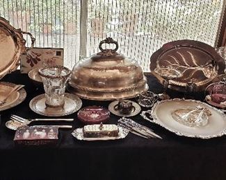 Impressive Silver-On-Copper Antique Meat Dome; Silverplate Serving Pieces