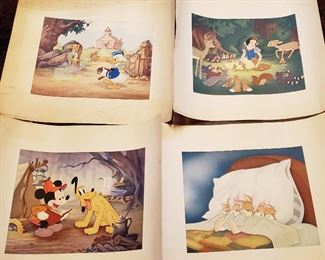 4 Vintage Disney Original Lithos, 1937 (maybe earlier, can't remember, it's late!) Mickey Mouse, Pluto, Daffy Duck, Snow White and those bunnies ....