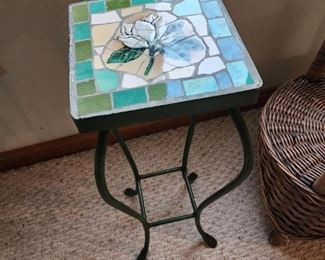 Mosaic plant stand and wrought iron