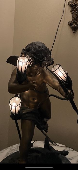 Vintage Bronze Heavy Cherub Lamp Statue