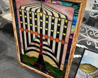 Judaica Menorah Hand Made Lighted Stained Glass Box