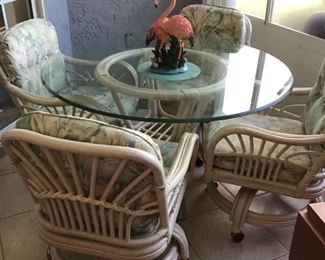 Cane Kitchen Set.  Glass Top, 4 Arm Chairs, Cushions