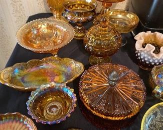Amber carnival glass, Fenton etc 