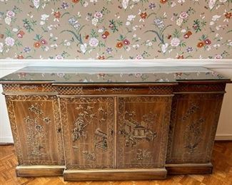Drexel Heritage 4 Door Buffet with Asian motif & glass protective top