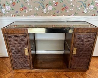 Drexel Heritage 2 rattan door & mirror top cabinet with gold accent