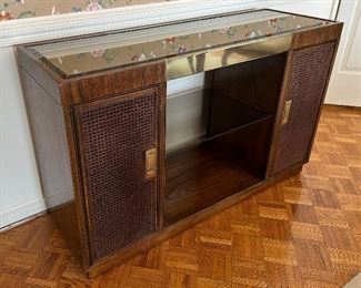 Drexel Heritage 2 rattan door & mirror top cabinet with gold accent