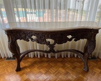 Marble topped elaborate wooden based French console accent table (66"W x 20"D x 34"H) 