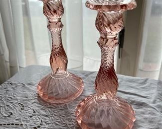 Vintage pink depression glass candle holders