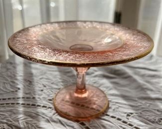 Vintage pink depression glass cake plate