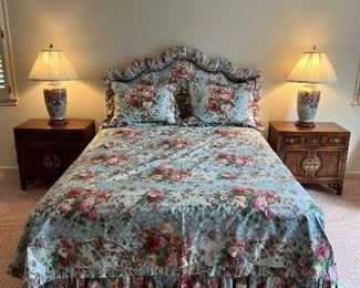 Custom queen bed floral upholstered headboard with bedding