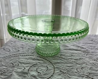 Vintage green depression glass cake plate