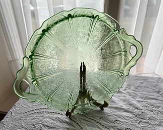 Vintage green depression glass handled plate