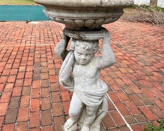 Vintage cherub holding bird bath concrete statue