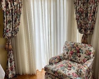 Century custom upholstered armchair with accented drapes (for sale)