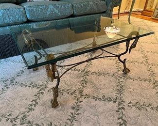 Antique French accent rectangular beveled glass top coffee table with swan head & clawfoot brass base