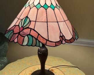 Tiffany-esque stained glass with bronze based table lamp
