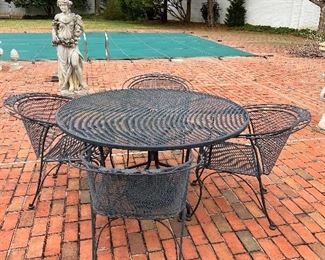 Vintage Salterini Woodard Wrought Iron Patio Table & 6 Chairs with umbrella and stand